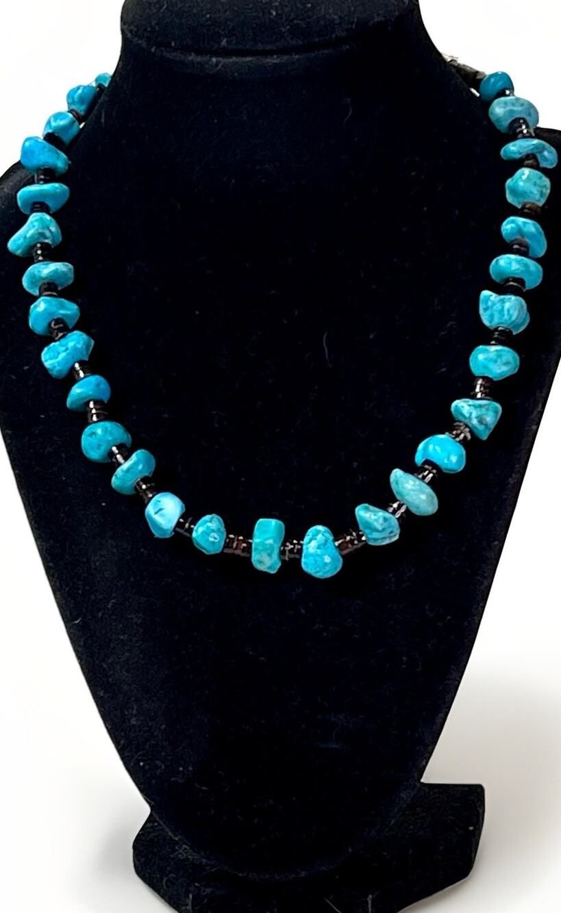 Southwestern Turquoise Nugget Necklace Shell Heishi Bead Silver Plate Ends 54.9g